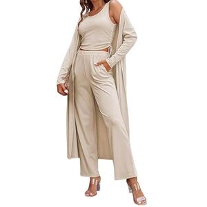 CLO Link 3 Piece Knit Lounge-set Size 2XL Cardigan, Too, Wide Leg Pants Khaki